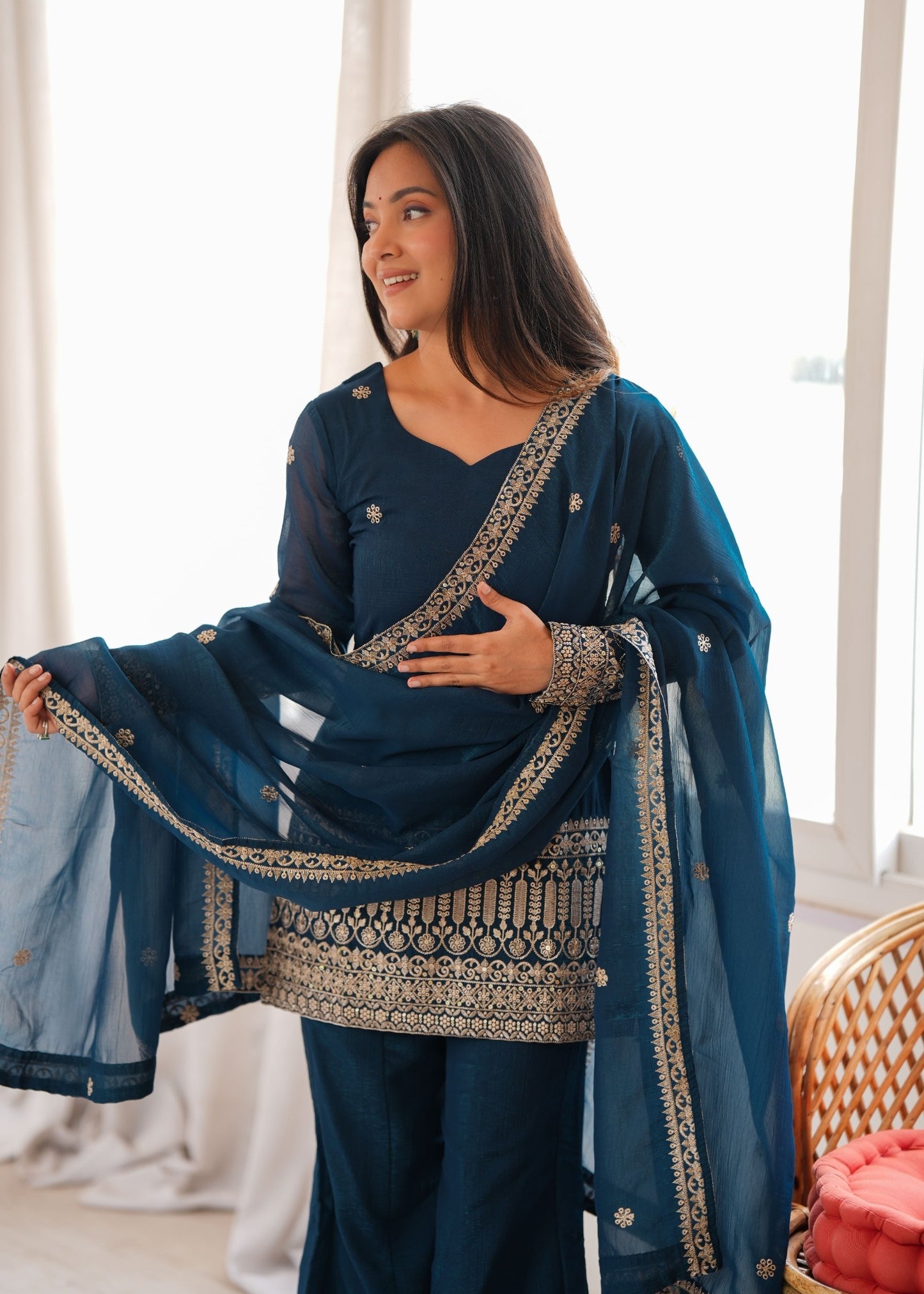 Teal Blue Embroidered Kurta Palazzo Set with Dupatta