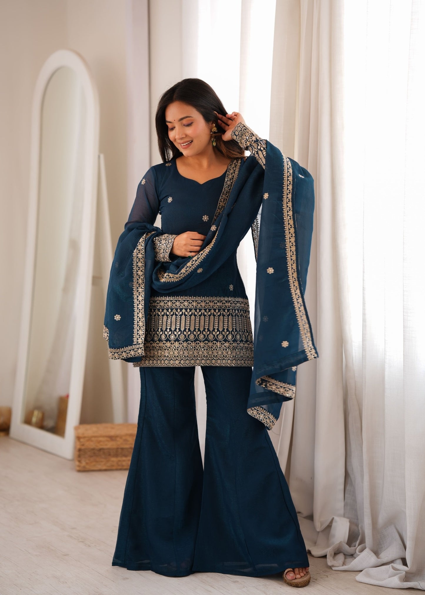 Teal Blue Embroidered Kurta Palazzo Set with Dupatta