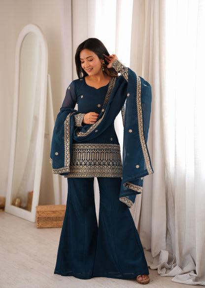 Teal Blue Embroidered Kurta Palazzo Set with Dupatta