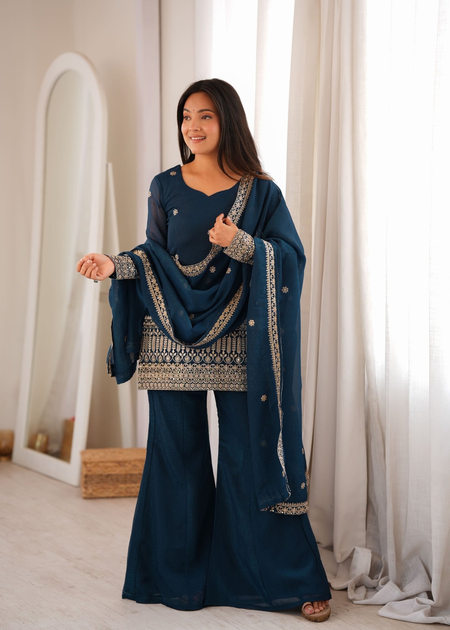 Teal Blue Embroidered Kurta Palazzo Set with Dupatta