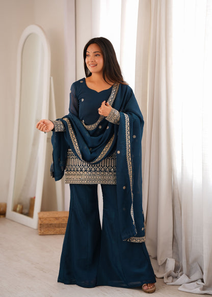 Teal Blue Embroidered Kurta Palazzo Set with Dupatta