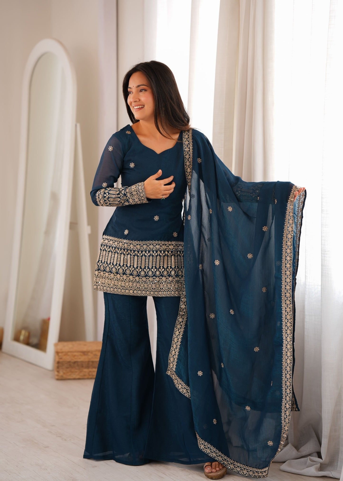 Teal Blue Embroidered Kurta Palazzo Set with Dupatta