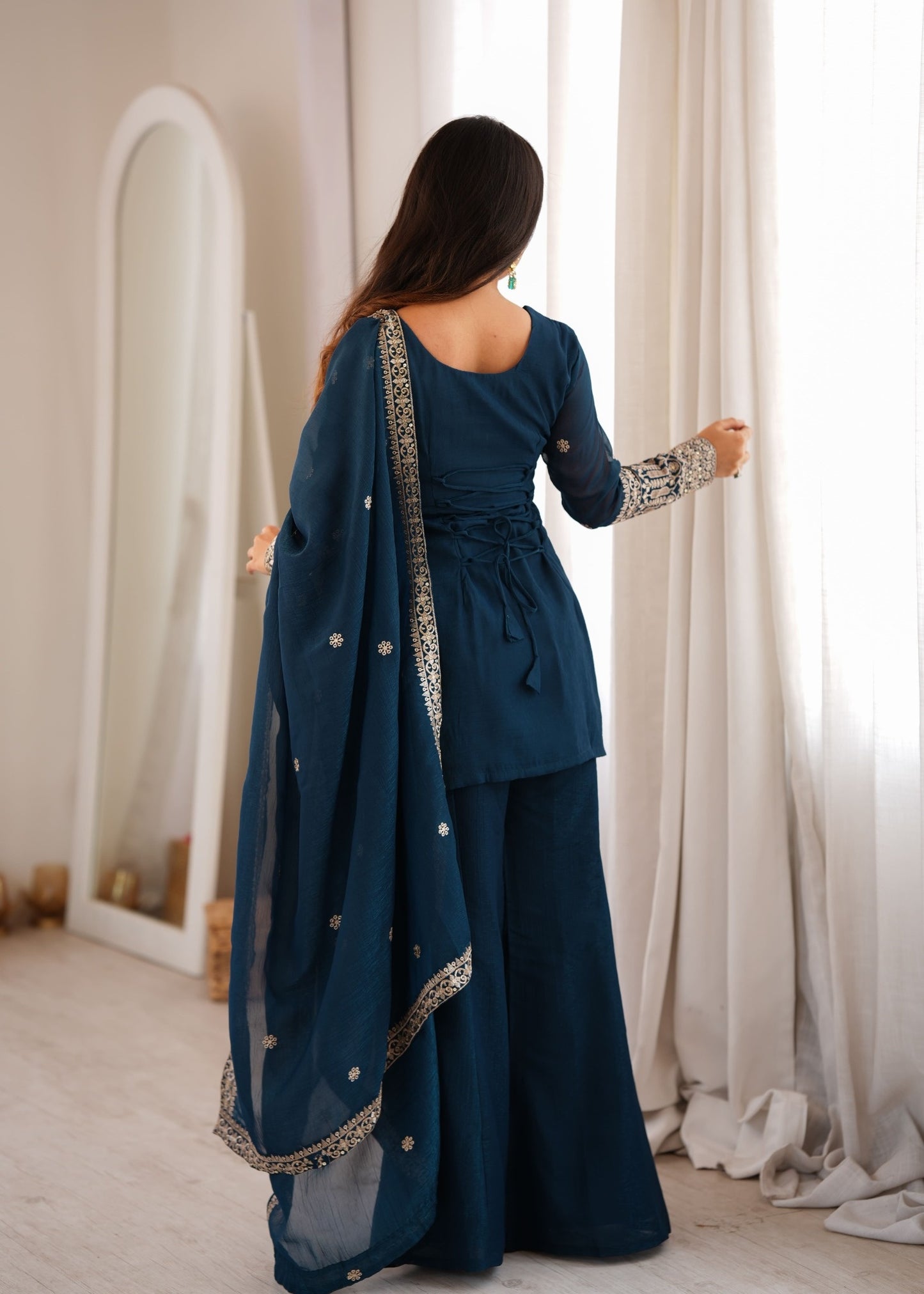 Teal Blue Embroidered Kurta Palazzo Set with Dupatta