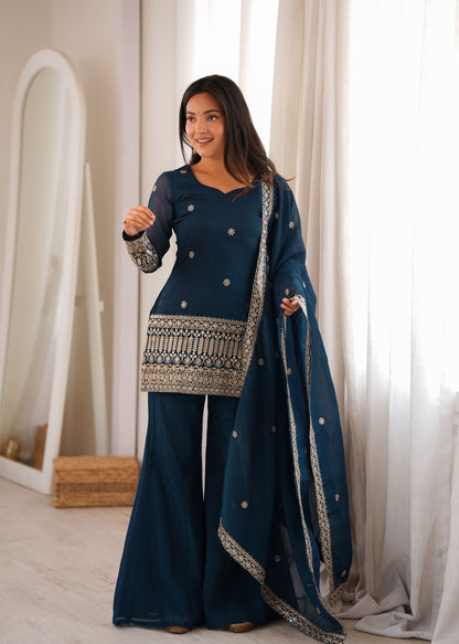 Teal Blue Embroidered Kurta Palazzo Set with Dupatta