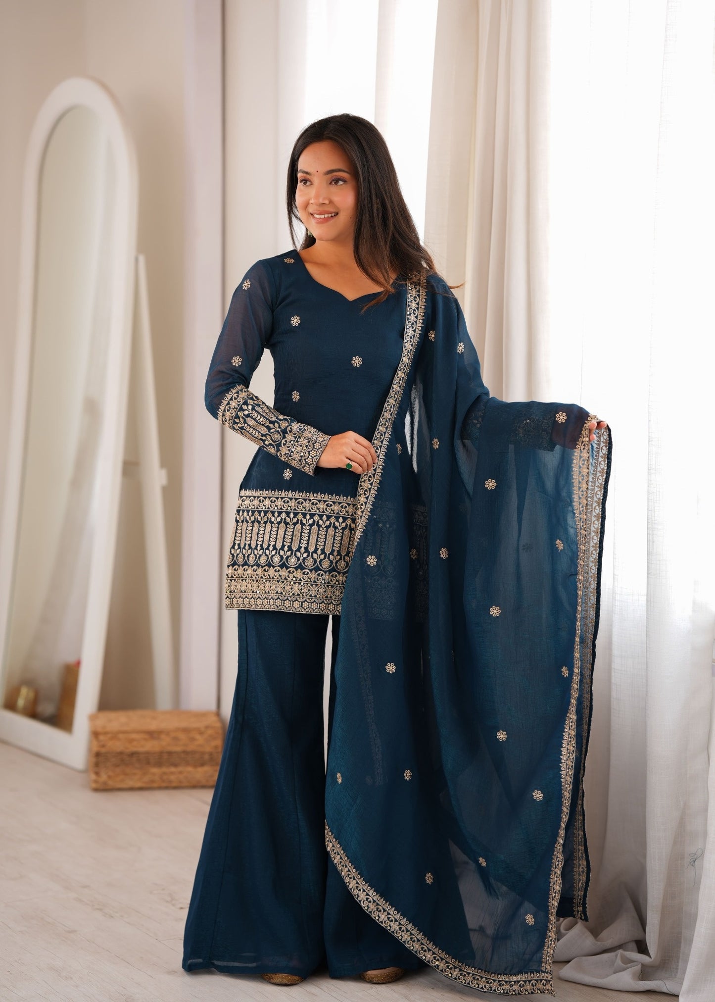 Teal Blue Embroidered Kurta Palazzo Set with Dupatta