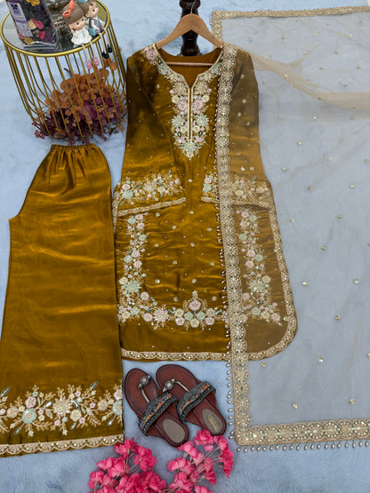 Party Wear Pakistani Suit Set in Jimmy Choo Silk with Plazzo