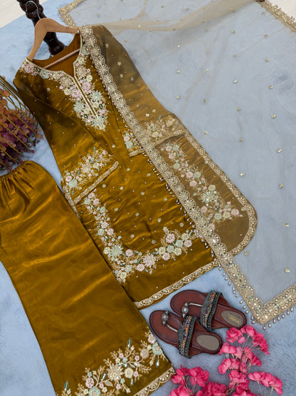 Party Wear Pakistani Suit Set in Jimmy Choo Silk with Plazzo