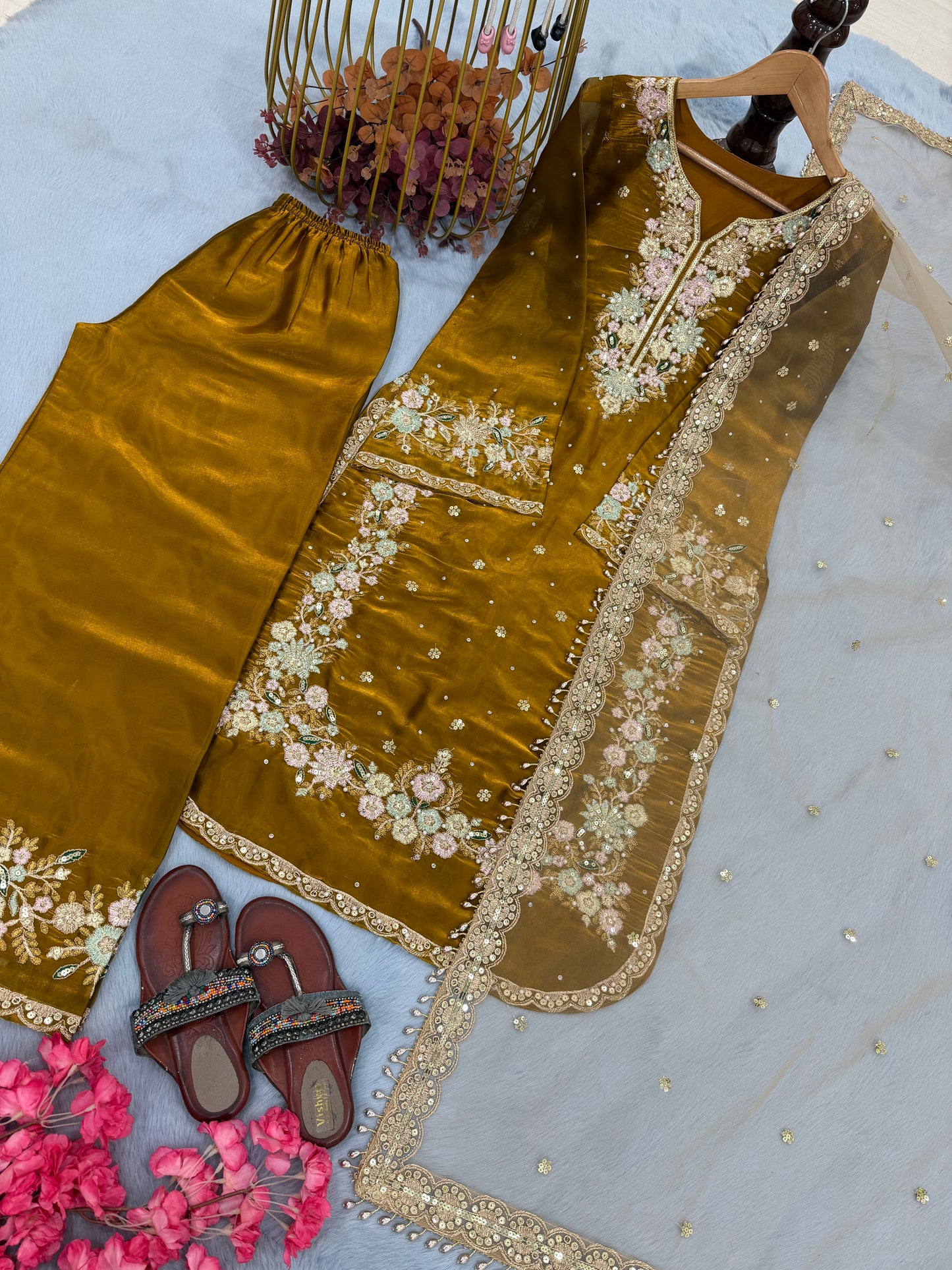 Party Wear Pakistani Suit Set in Jimmy Choo Silk with Plazzo