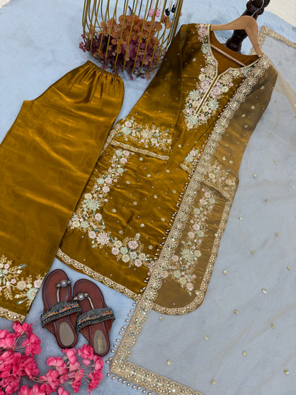 Party Wear Pakistani Suit Set in Jimmy Choo Silk with Plazzo