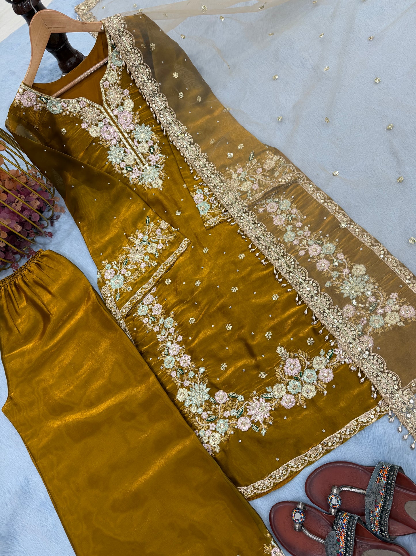 Party Wear Pakistani Suit Set in Jimmy Choo Silk with Plazzo