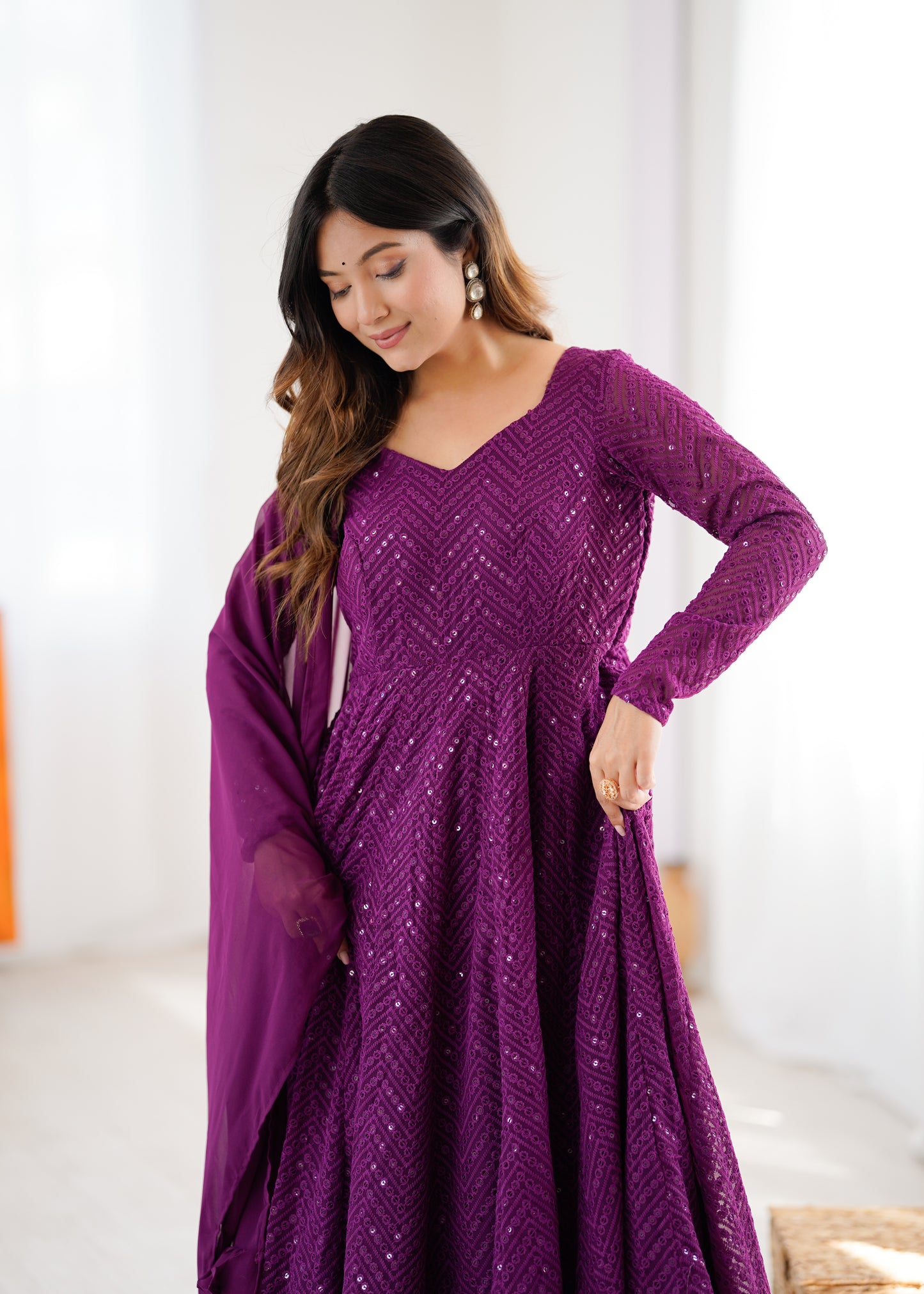 Lukhnowi Georgette Anarkali Suit for Women with Ruffle Dupatta