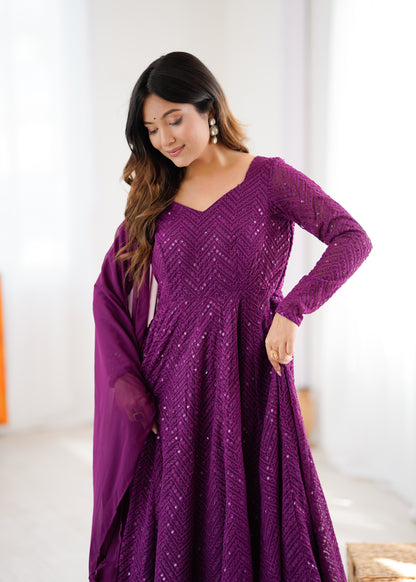 Lukhnowi Georgette Anarkali Suit for Women with Ruffle Dupatta