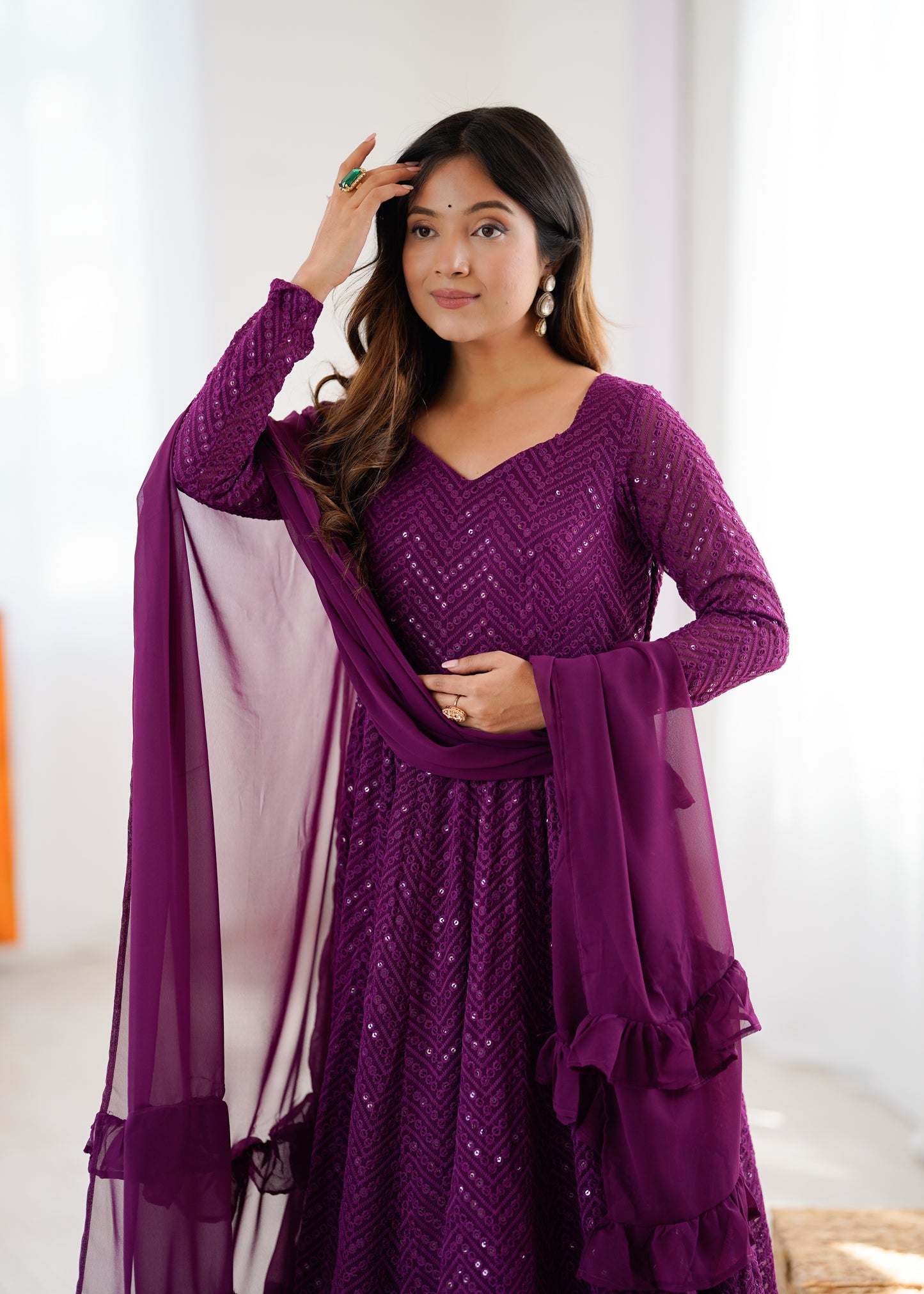 Lukhnowi Georgette Anarkali Suit for Women with Ruffle Dupatta