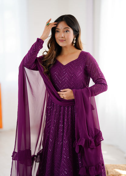 Lukhnowi Georgette Anarkali Suit for Women with Ruffle Dupatta
