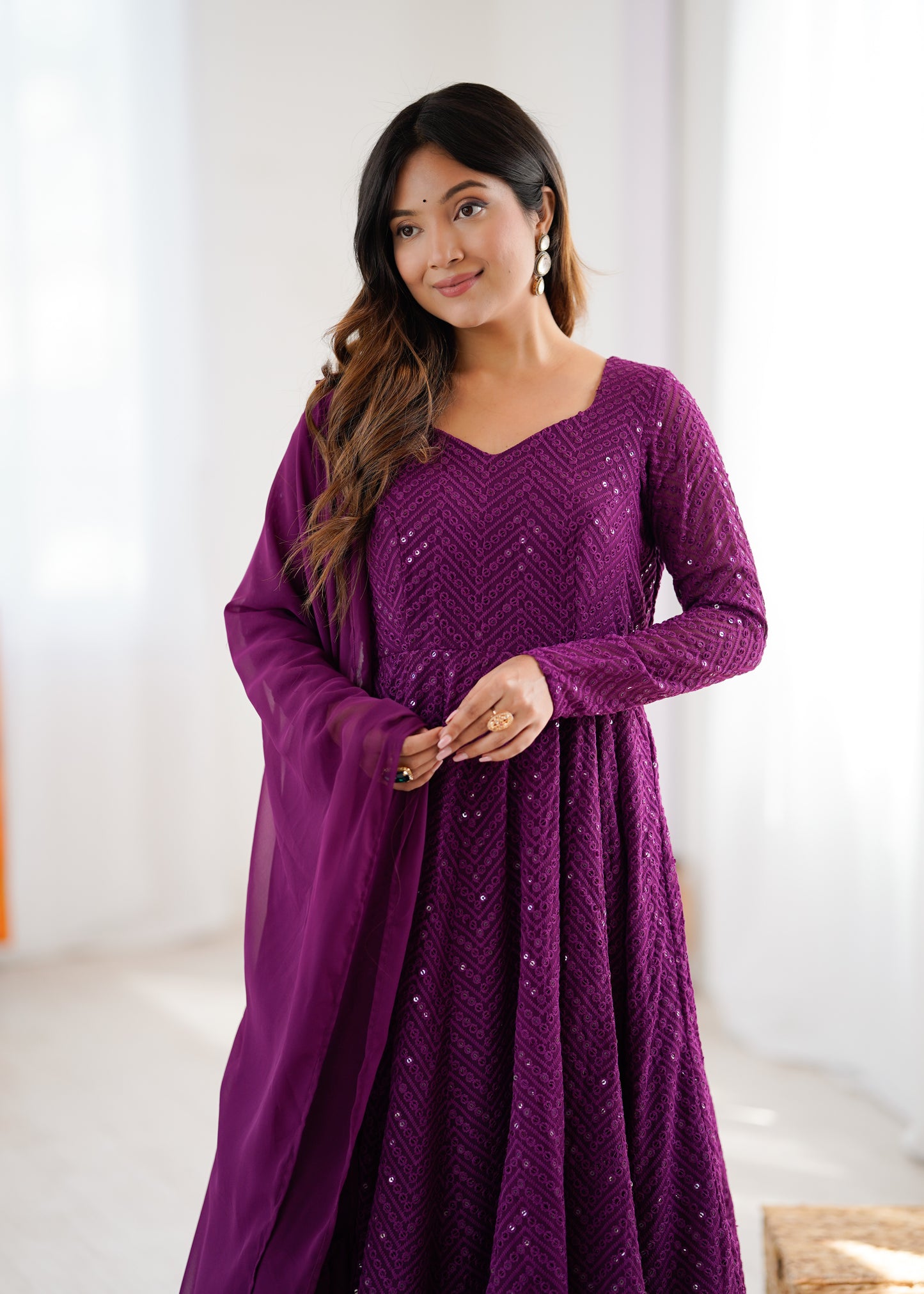 Lukhnowi Georgette Anarkali Suit for Women with Ruffle Dupatta