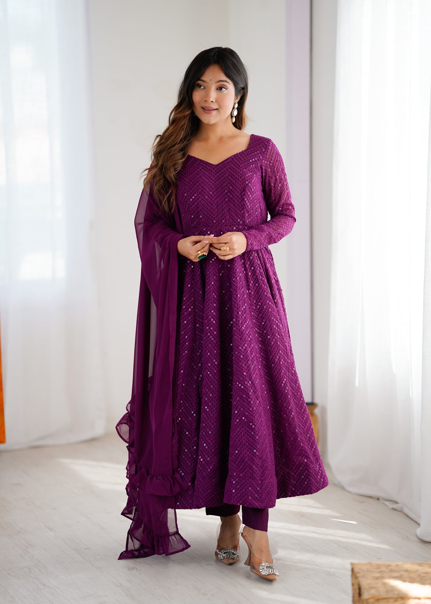 Lukhnowi Georgette Anarkali Suit for Women with Ruffle Dupatta