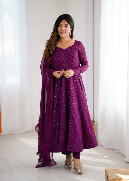 Lukhnowi Georgette Anarkali Suit for Women with Ruffle Dupatta