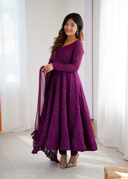 Lukhnowi Georgette Anarkali Suit for Women with Ruffle Dupatta