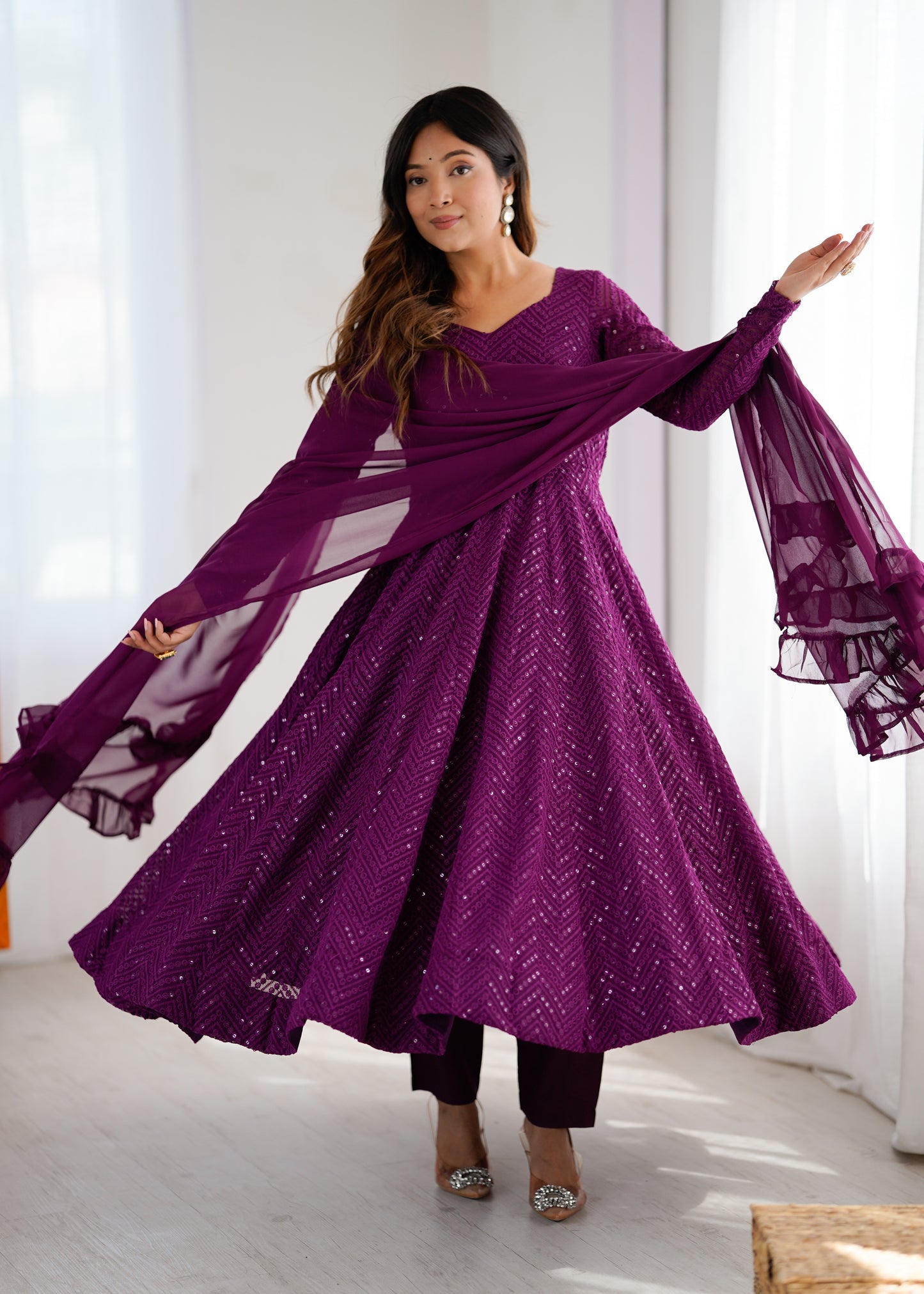 Lukhnowi Georgette Anarkali Suit for Women with Ruffle Dupatta