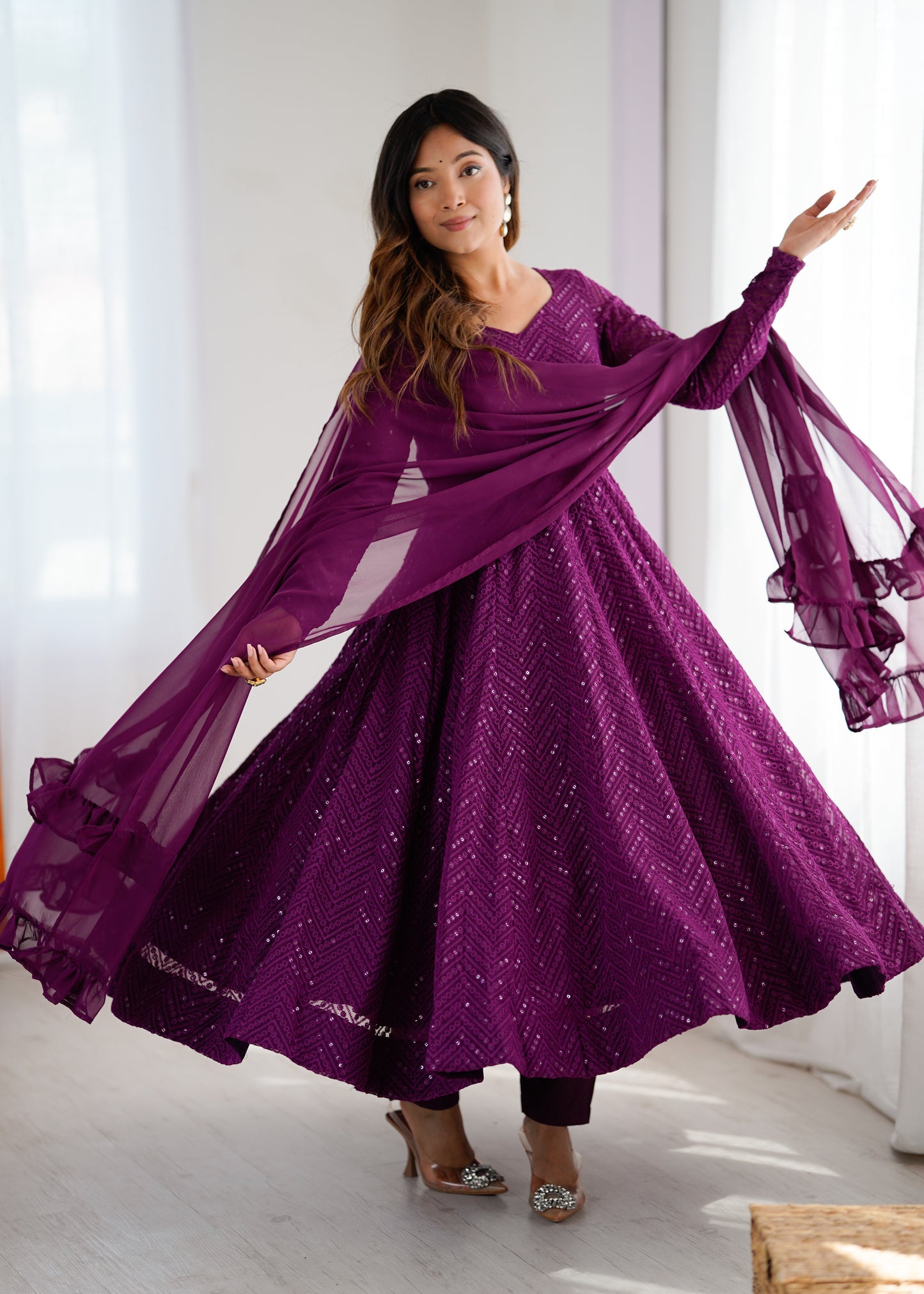 Lukhnowi Georgette Anarkali Suit for Women with Ruffle Dupatta
