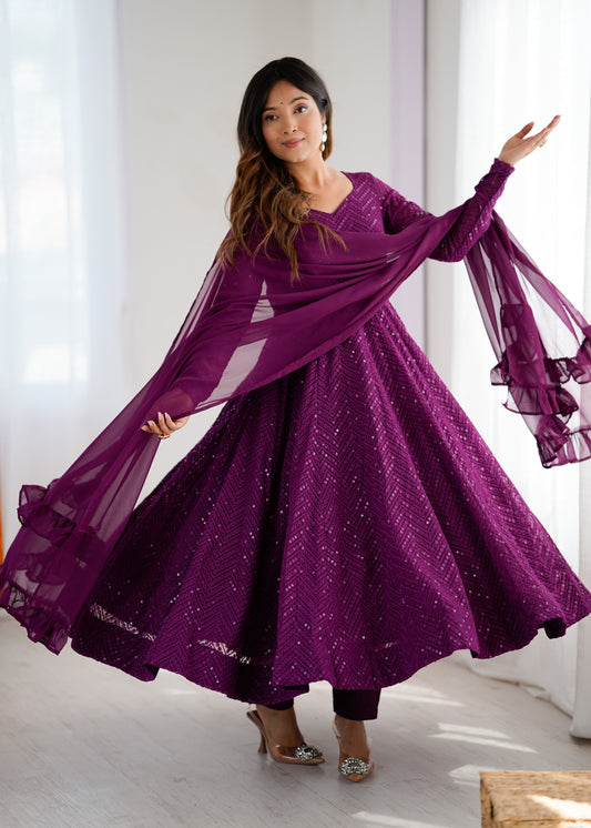 Lukhnowi Georgette Anarkali Suit for Women with Ruffle Dupatta