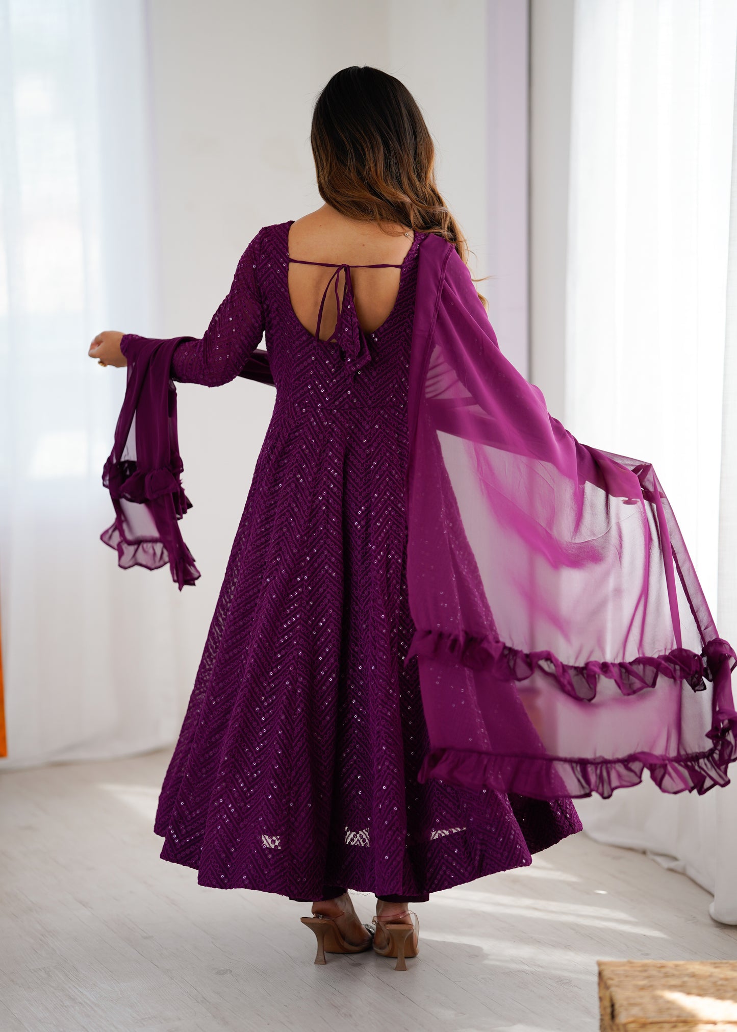 Lukhnowi Georgette Anarkali Suit for Women with Ruffle Dupatta