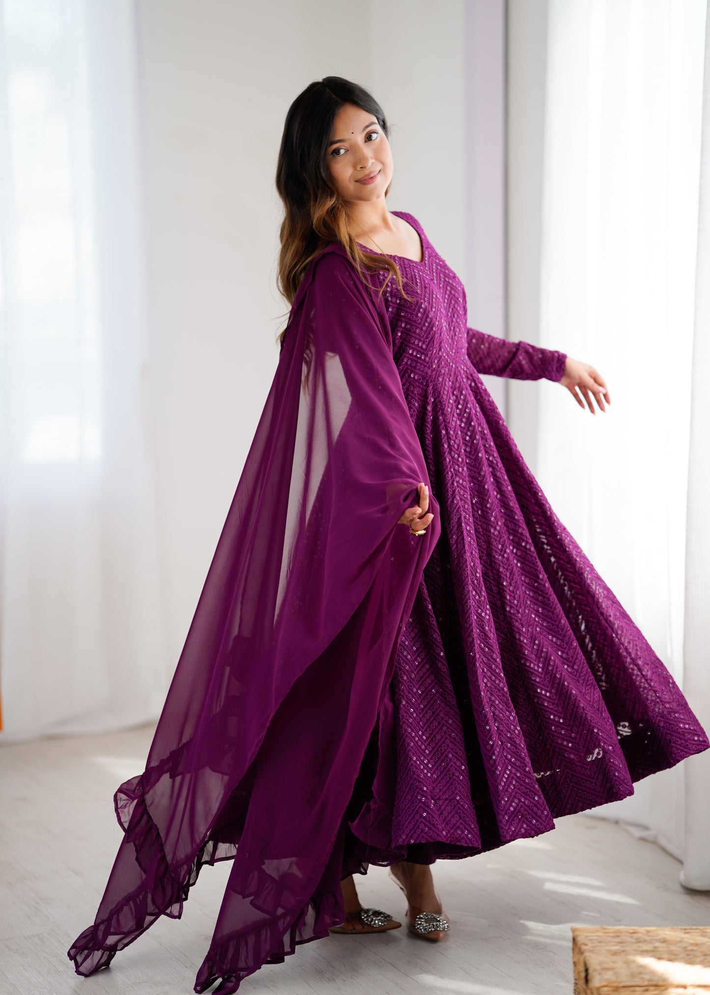 Lukhnowi Georgette Anarkali Suit for Women with Ruffle Dupatta