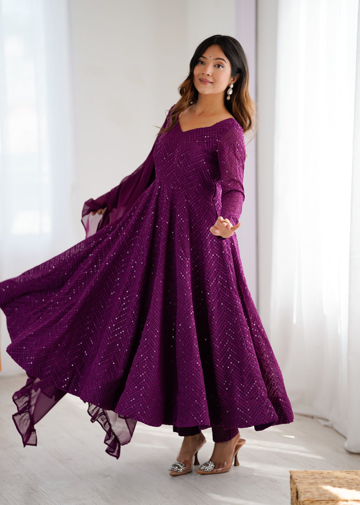 Lukhnowi Georgette Anarkali Suit for Women with Ruffle Dupatta