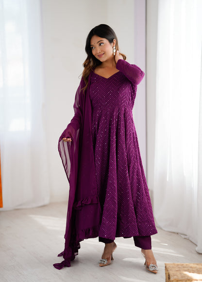 Lukhnowi Georgette Anarkali Suit for Women with Ruffle Dupatta