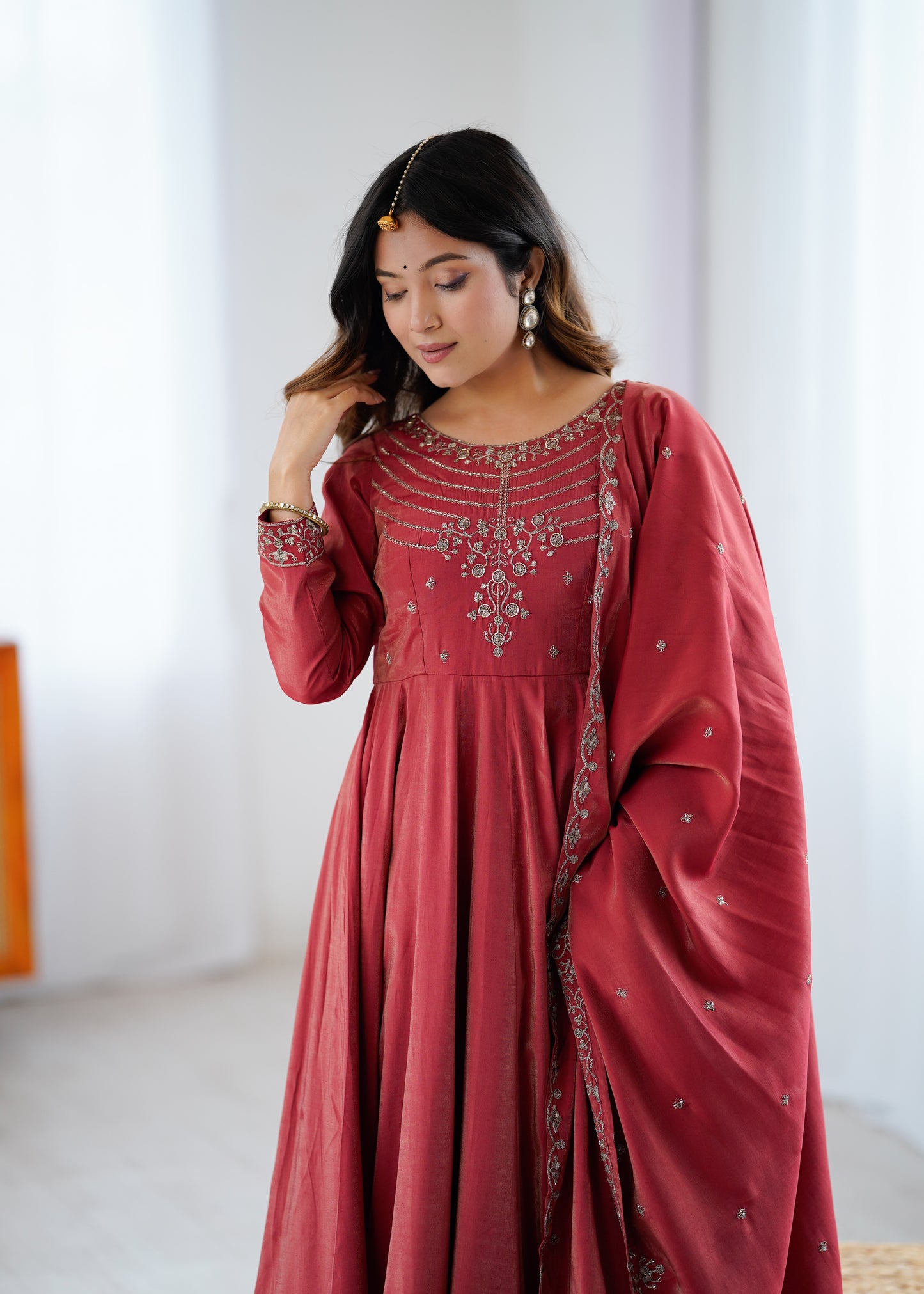 Maroon Roman Shimmer Chanderi Silk Salwar Suit Party Wear for Women