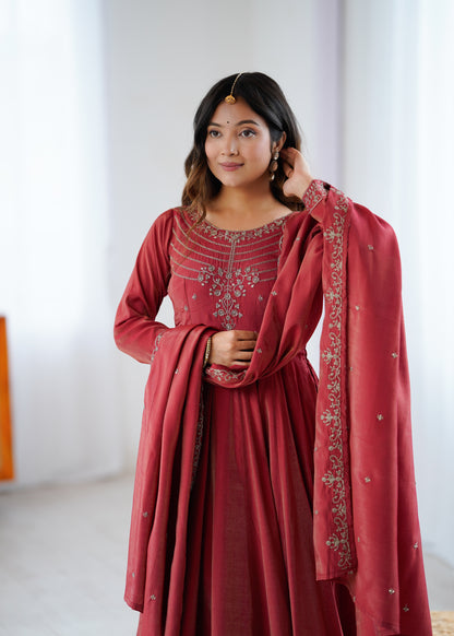Maroon Roman Shimmer Chanderi Silk Salwar Suit Party Wear for Women