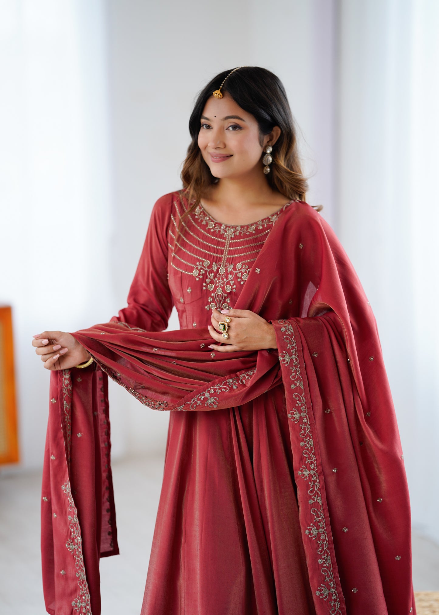 Maroon Roman Shimmer Chanderi Silk Salwar Suit Party Wear for Women