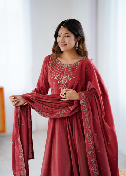 Maroon Roman Shimmer Chanderi Silk Salwar Suit Party Wear for Women