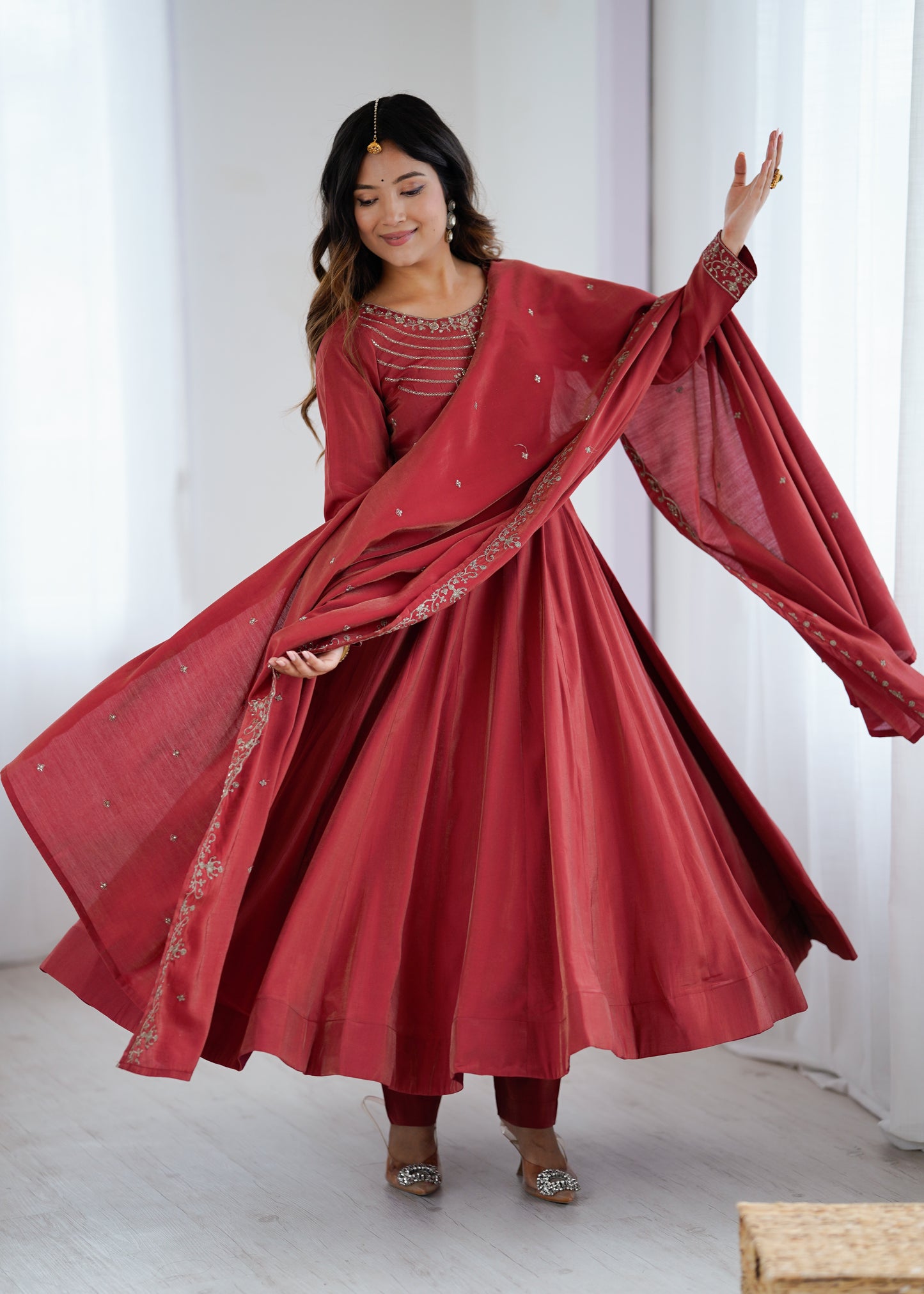 Maroon Roman Shimmer Chanderi Silk Salwar Suit Party Wear for Women