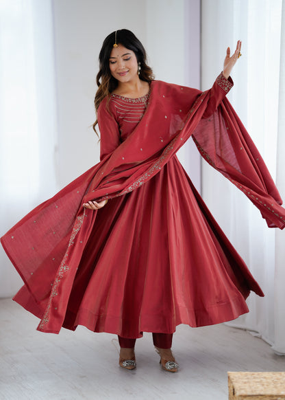 Maroon Roman Shimmer Chanderi Silk Salwar Suit Party Wear for Women