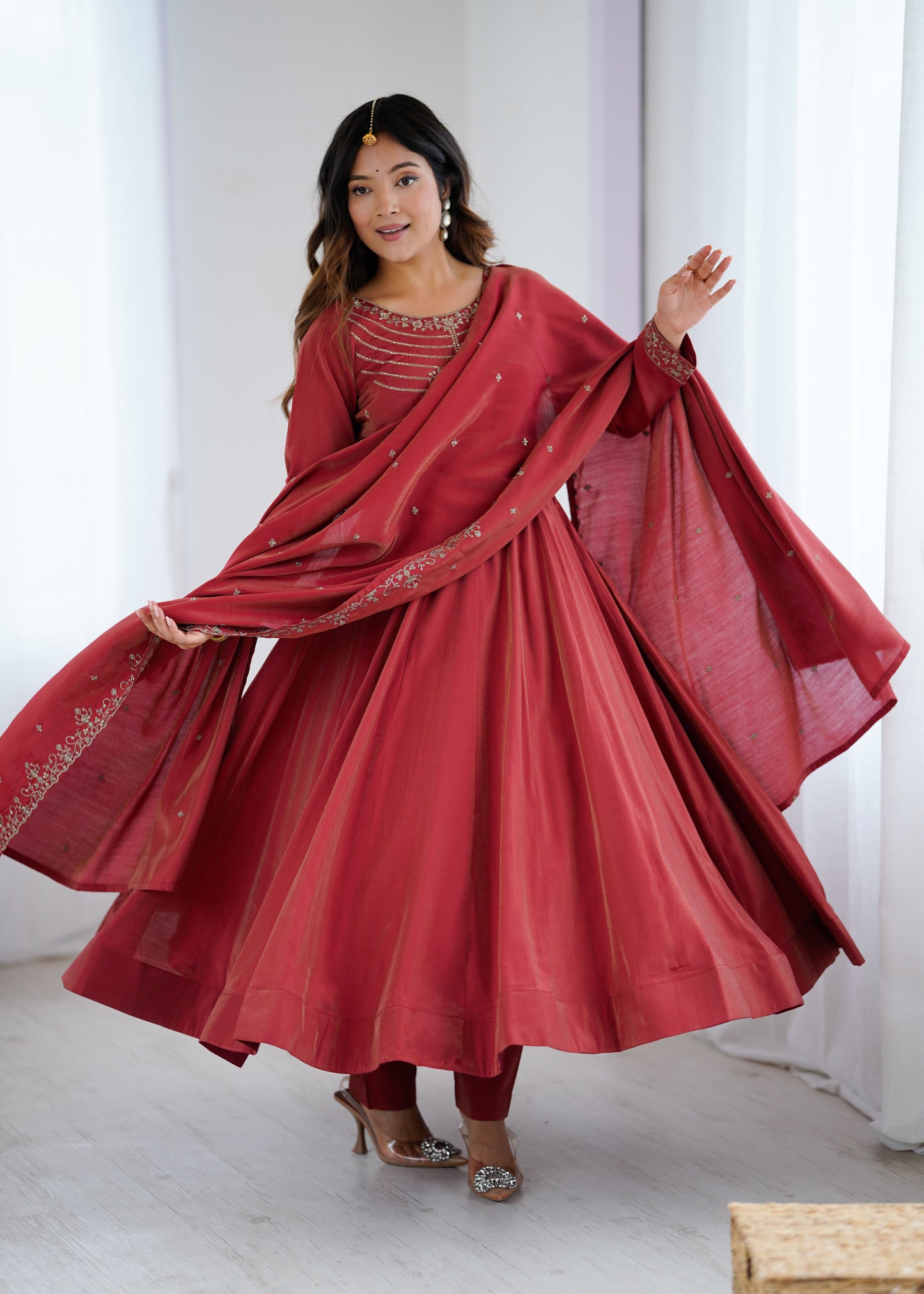 Maroon Roman Shimmer Chanderi Silk Salwar Suit Party Wear for Women