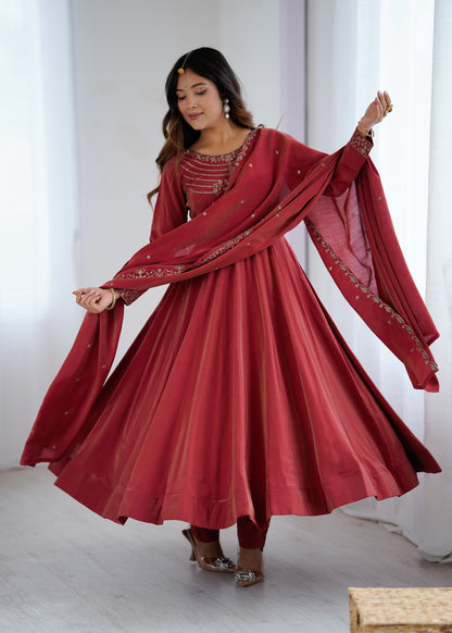 Maroon Roman Shimmer Chanderi Silk Salwar Suit Party Wear for Women