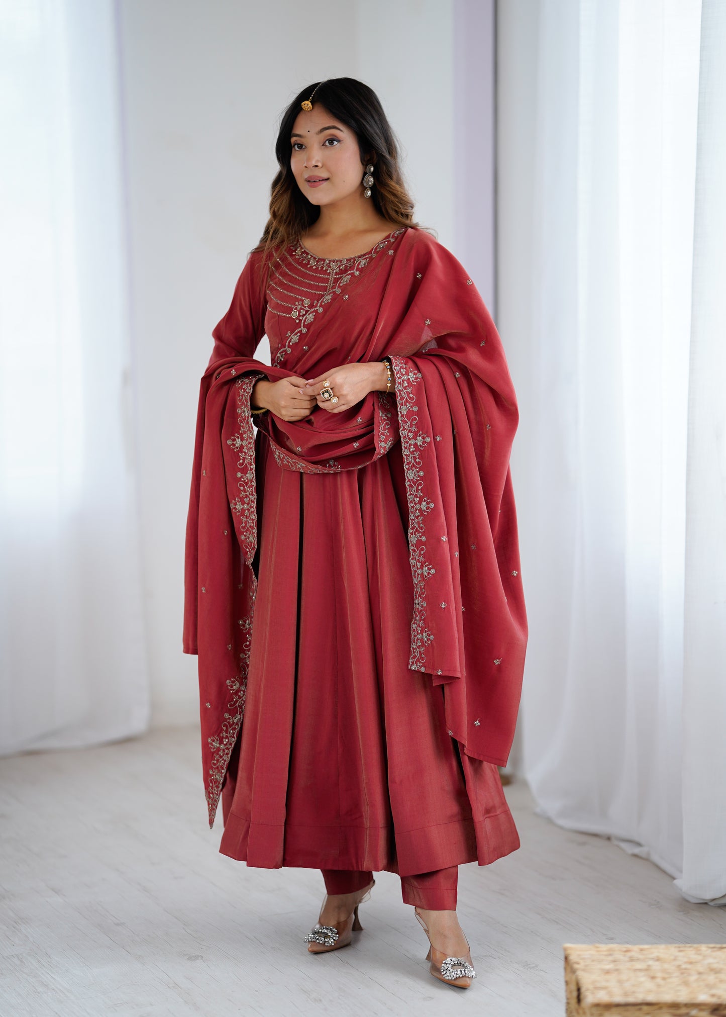 Maroon Roman Shimmer Chanderi Silk Salwar Suit Party Wear for Women