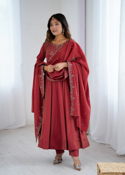 Maroon Roman Shimmer Chanderi Silk Salwar Suit Party Wear for Women
