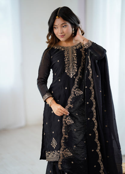 Black Crunchy Silk Pakistani Suit - Party Wear Sharara Suit