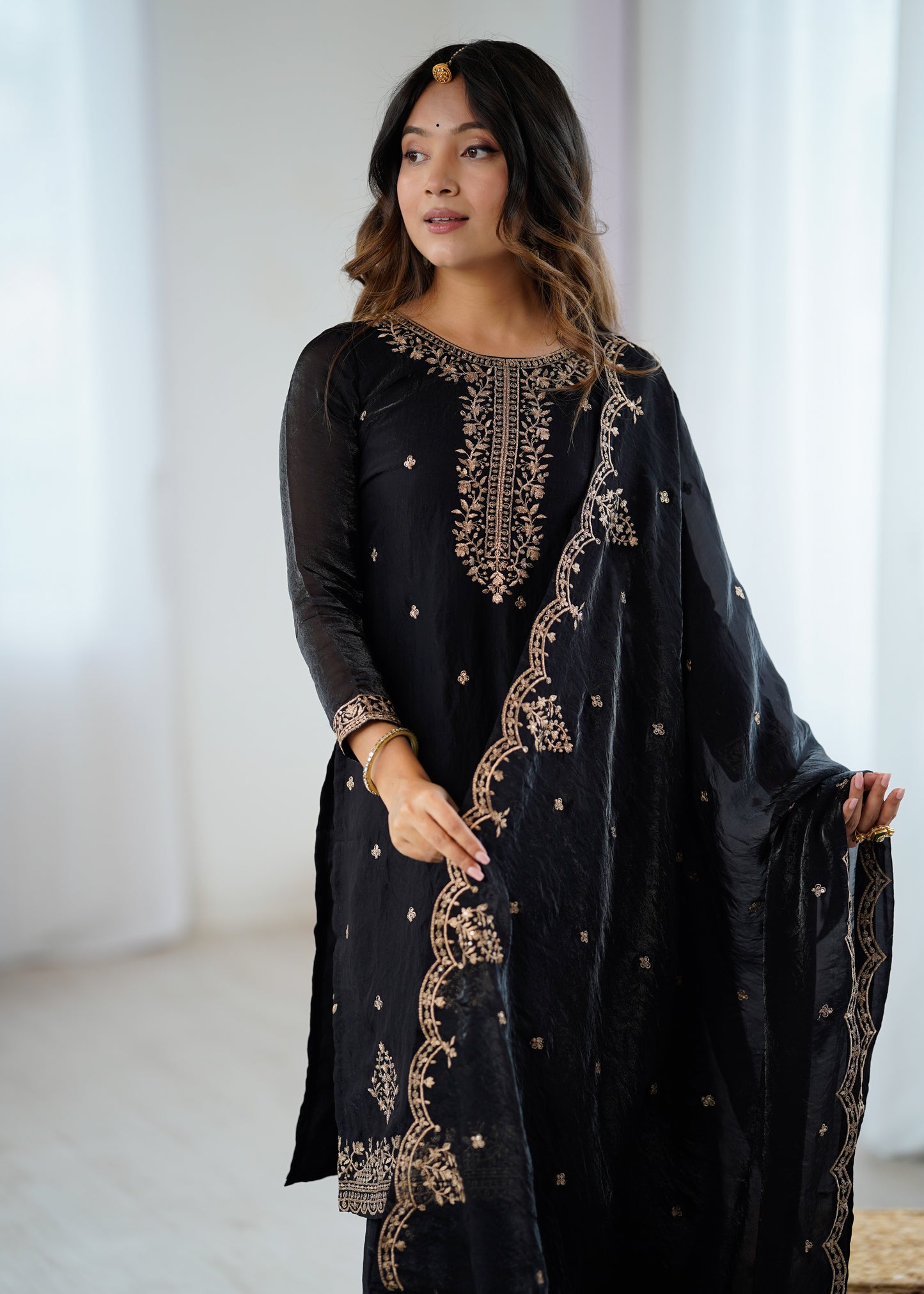 Black Crunchy Silk Pakistani Suit - Party Wear Sharara Suit
