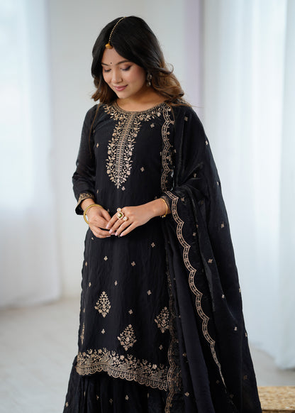Black Crunchy Silk Pakistani Suit - Party Wear Sharara Suit