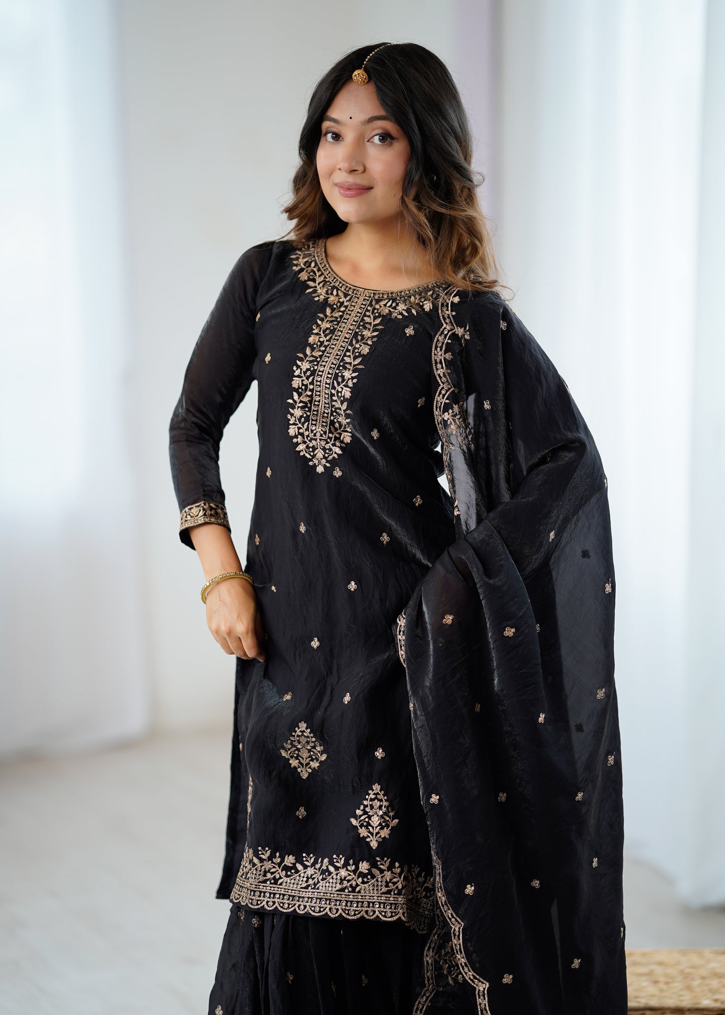 Black Crunchy Silk Pakistani Suit - Party Wear Sharara Suit