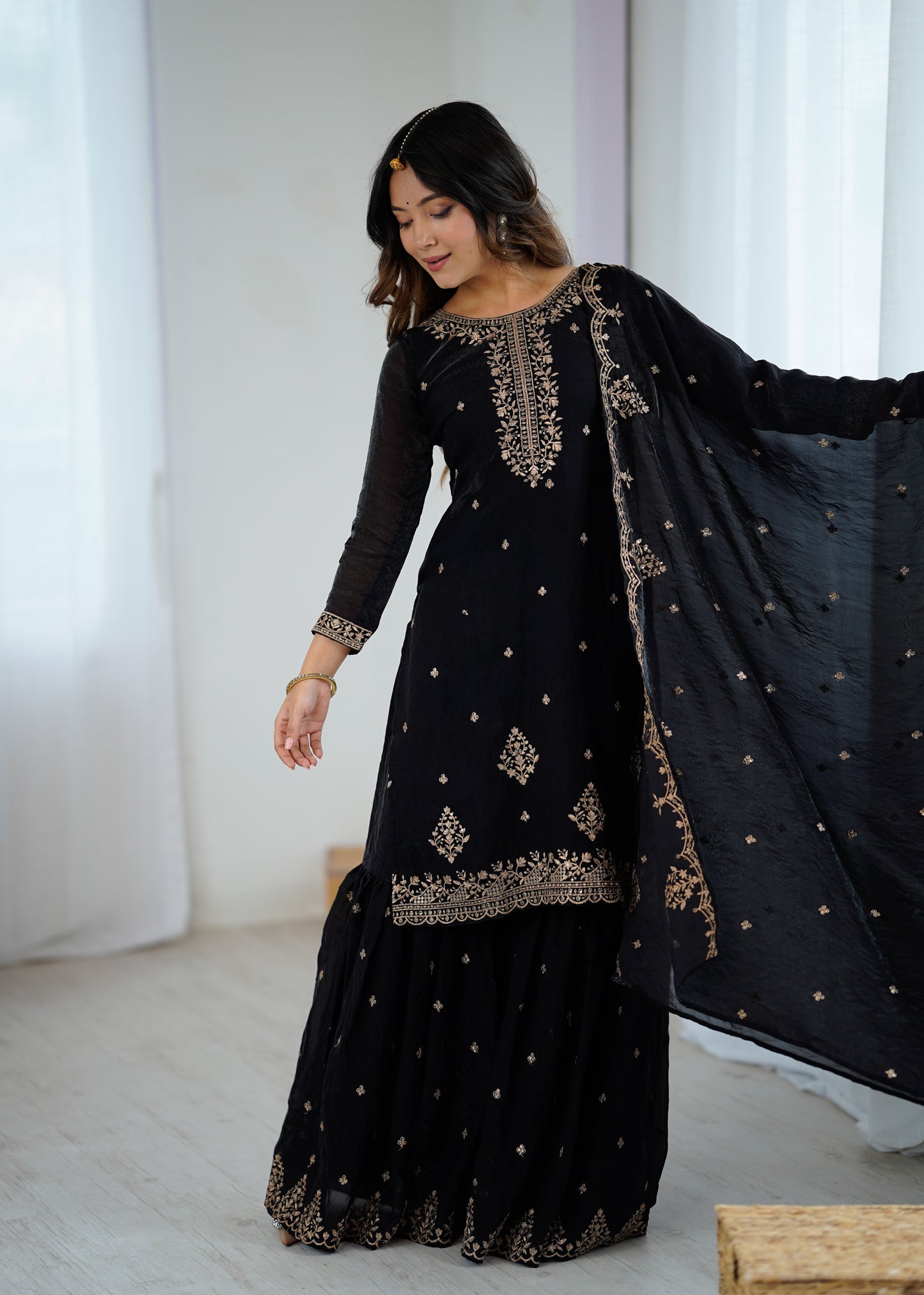 Black Crunchy Silk Pakistani Suit - Party Wear Sharara Suit