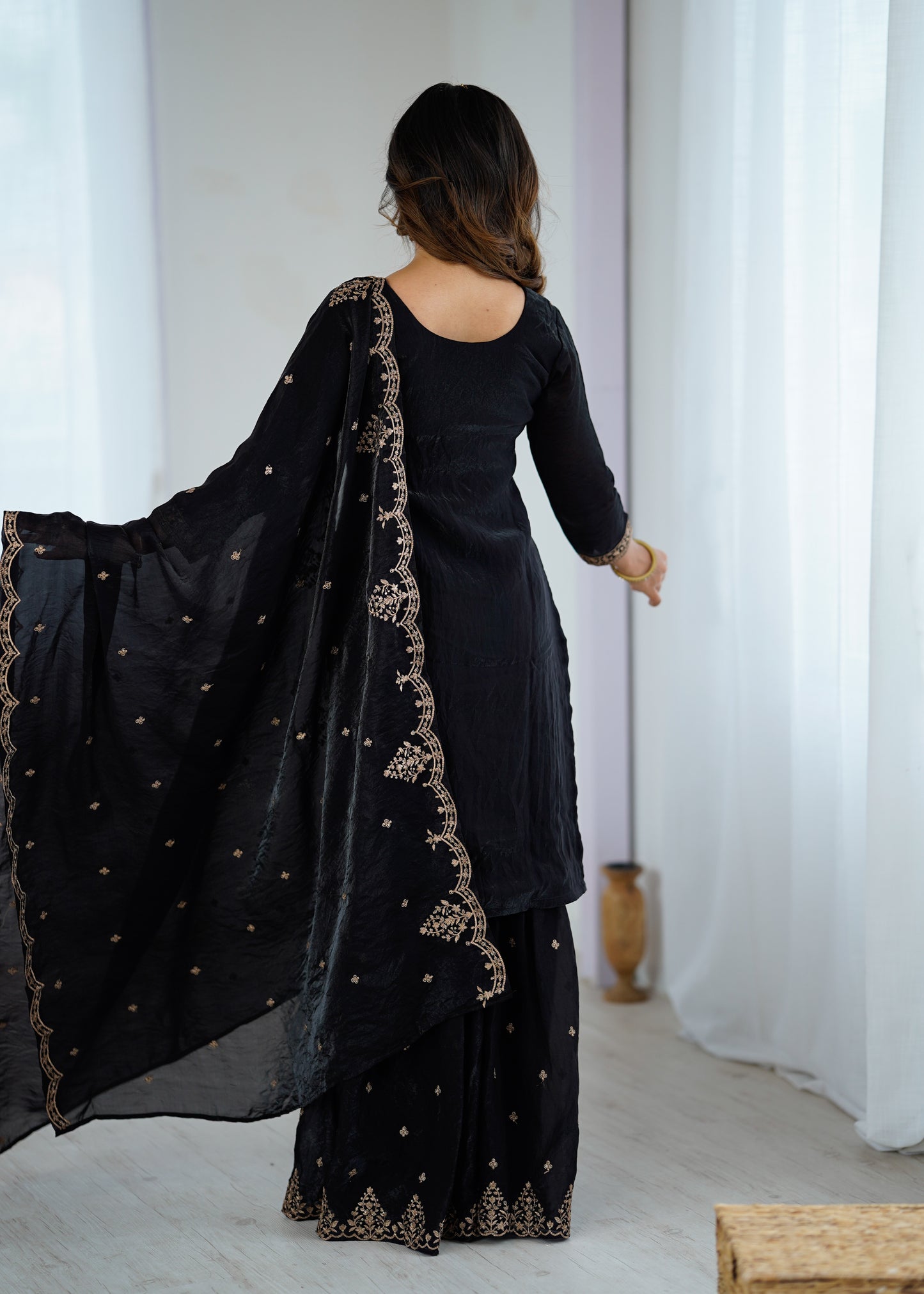Black Crunchy Silk Pakistani Suit - Party Wear Sharara Suit