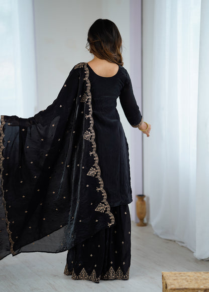 Black Crunchy Silk Pakistani Suit - Party Wear Sharara Suit