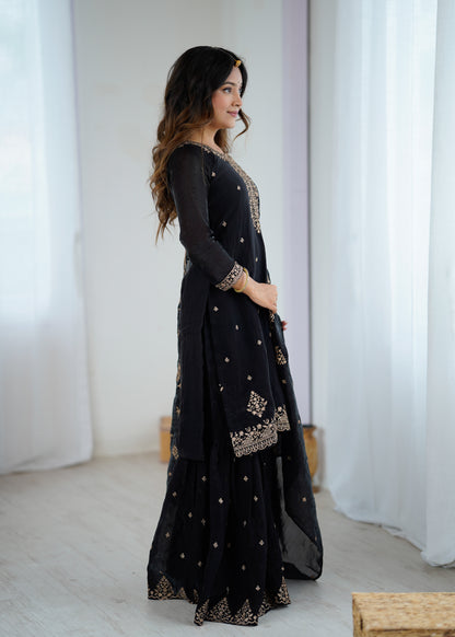 Black Crunchy Silk Pakistani Suit - Party Wear Sharara Suit