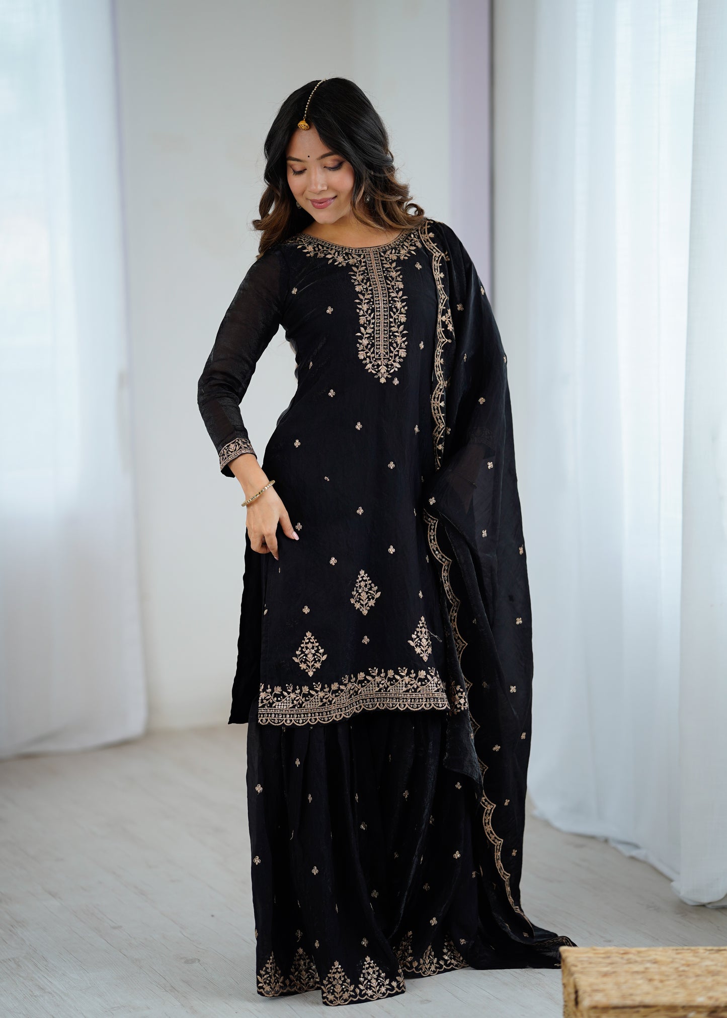 Black Crunchy Silk Pakistani Suit - Party Wear Sharara Suit