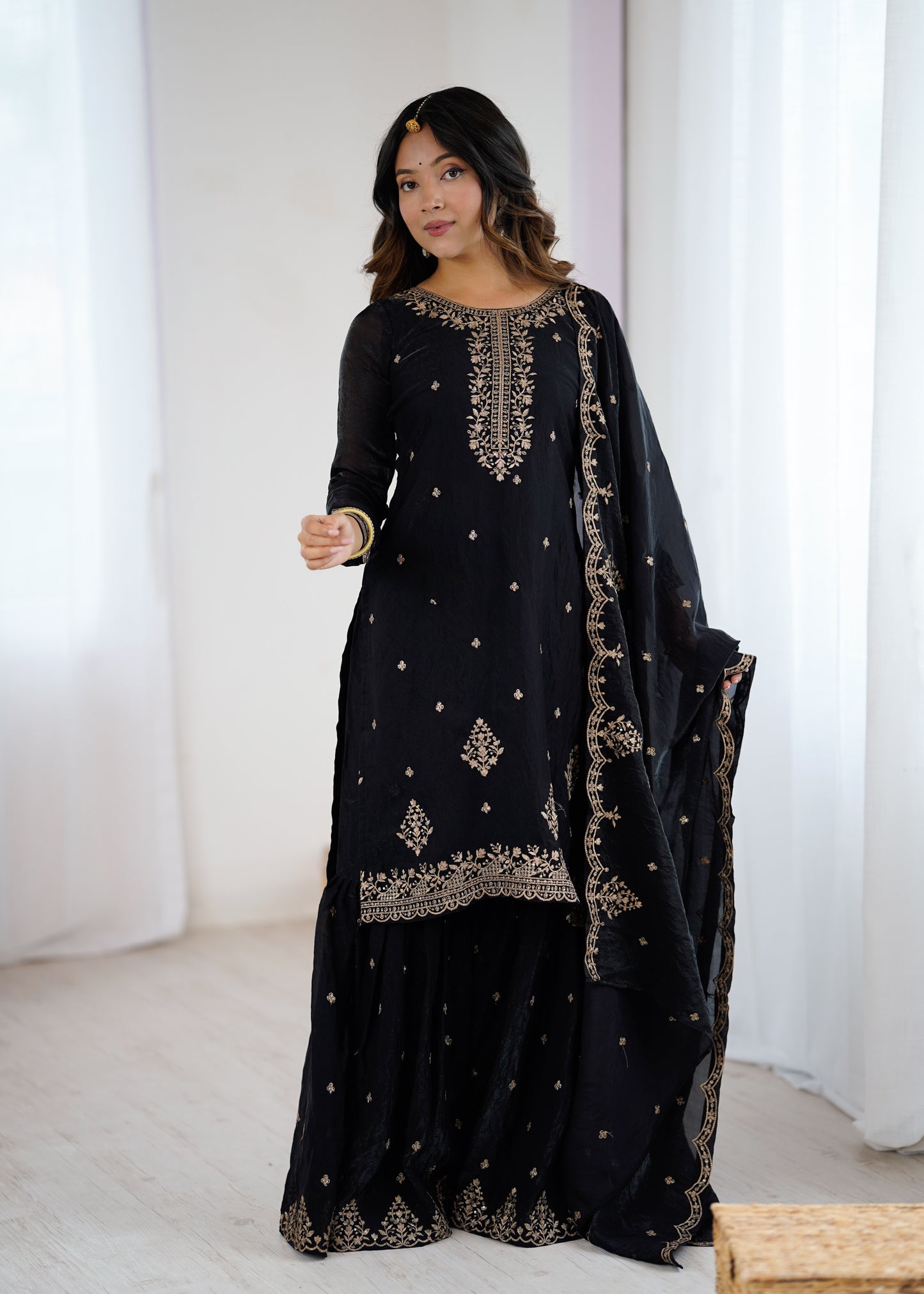 Black Crunchy Silk Pakistani Suit - Party Wear Sharara Suit