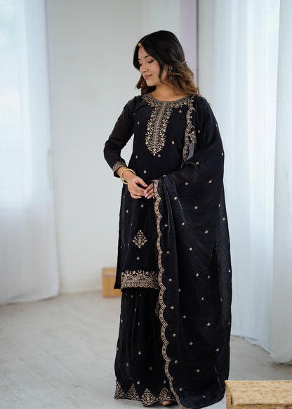 Black Crunchy Silk Pakistani Suit - Party Wear Sharara Suit